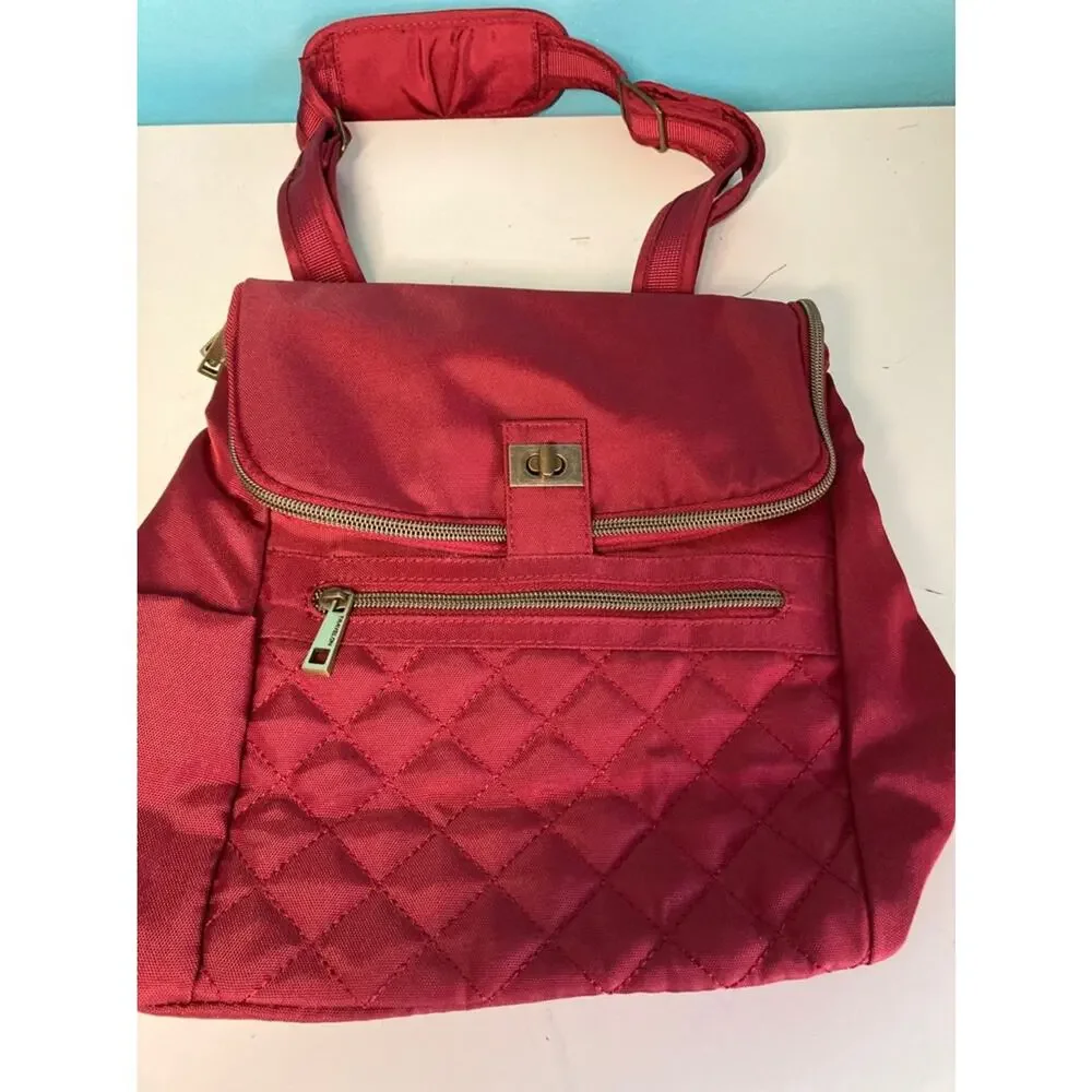 Travelon Womens Convertible Backpack Shoulder Bag Red Quilted Nylon RFID 11x11
